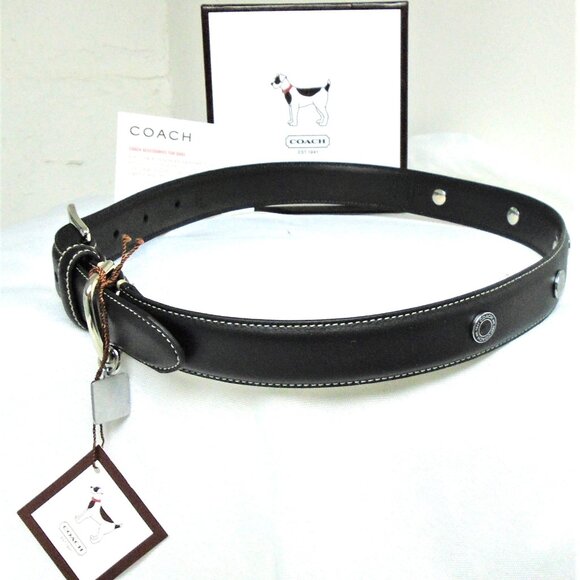 NEW COACH BLACK SMOOTH LEATHER GROMMETS SQUARE CHARM DOG PET COLLAR SIZE XL 8848 - Picture 1 of 13